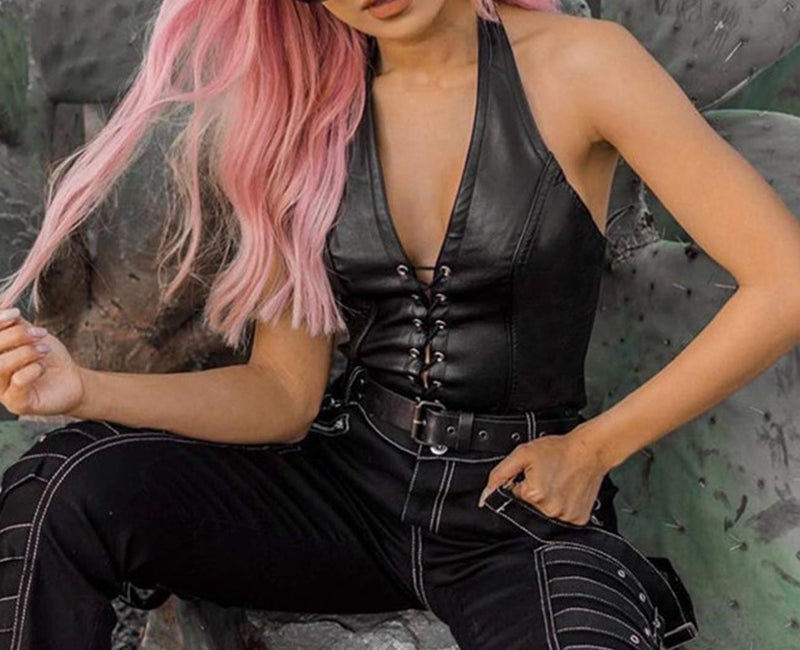 FlyCC Women's Adjustable Spaghetti Straps PU Leather Bustier Crop Tube Top Black - Image 2